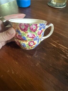 Yellow Floral Porcelain Teacup with Pink & Blue Accents